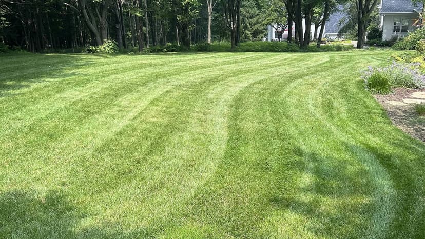 Well-maintained green lawn with striped mowing patterns, surrounded by trees and landscaping.