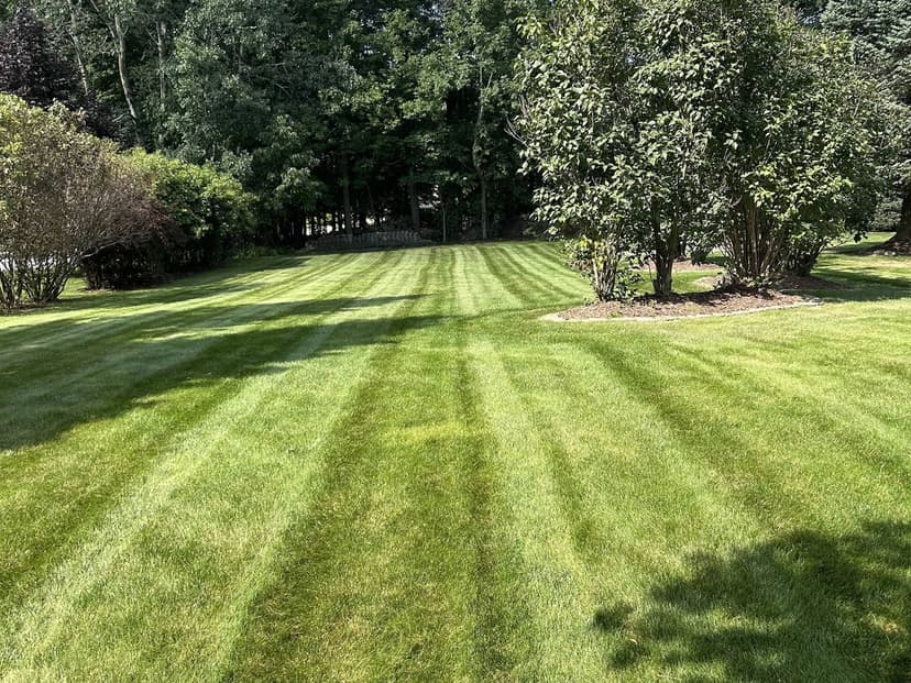 Well-manicured lawn with striped patterns, surrounded by trees and shrubs.