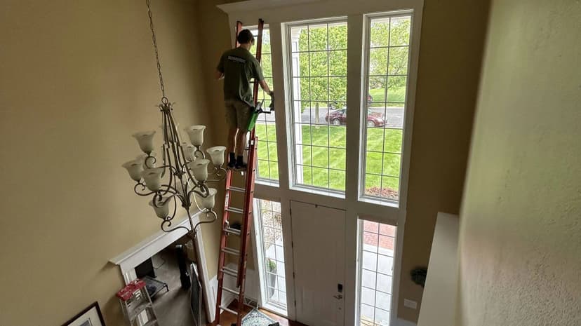 Person on ladder cleaning large windows in a bright entryway with chandelier.